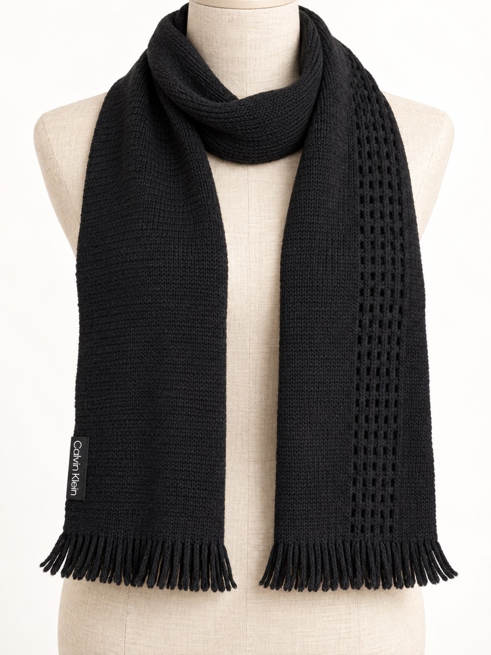 NWT Calvin Klein Black Knit Scarf Openwork Fringe Trim